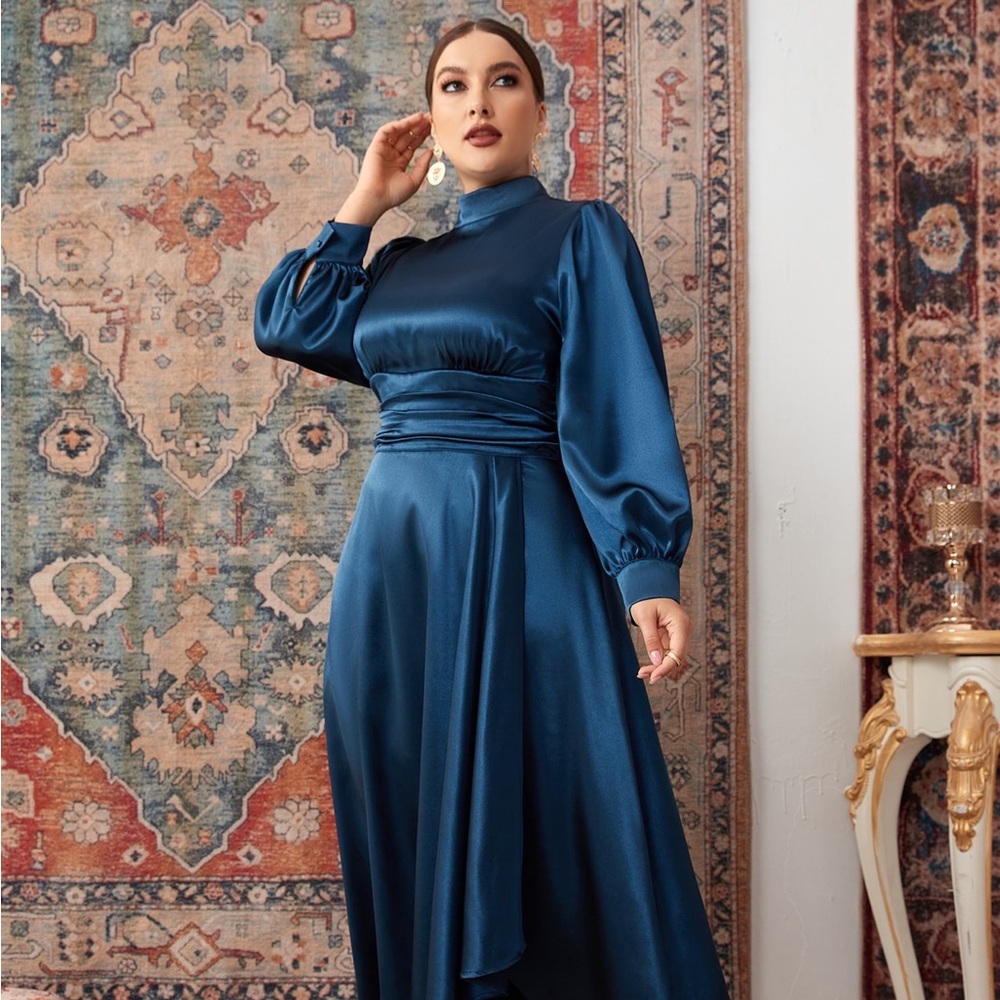 Navy mock neck lantern sleeve tulip hem satin dress